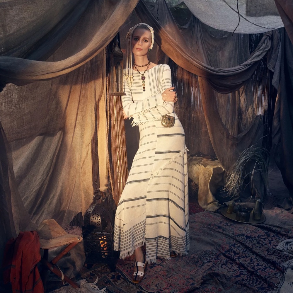 Zara Cream and Black Striped Midi Dress